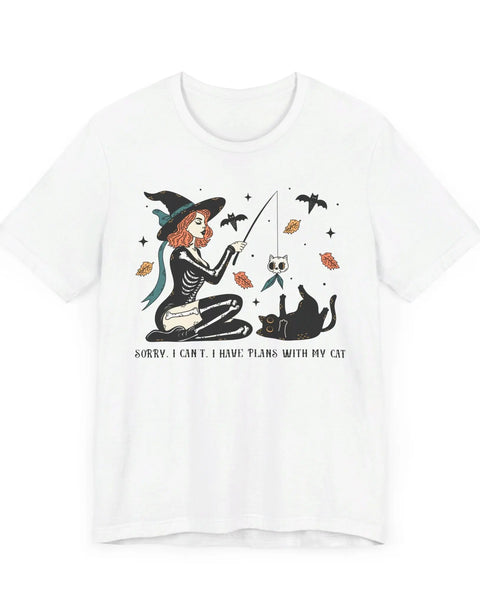 Autumn Witch Cat Halloween Shirt Skeleton And Ghost Graphic Tee