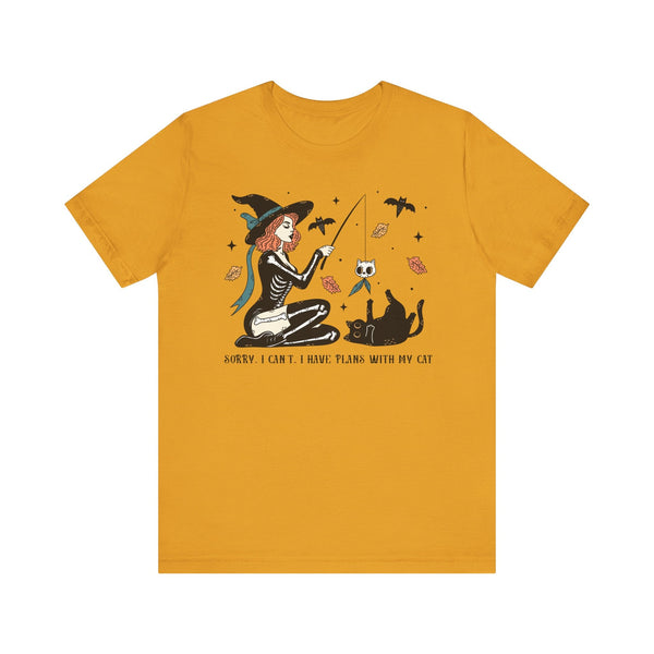 Autumn Witch Cat Halloween Shirt - Skeleton & Ghost Companion Graphic Tee