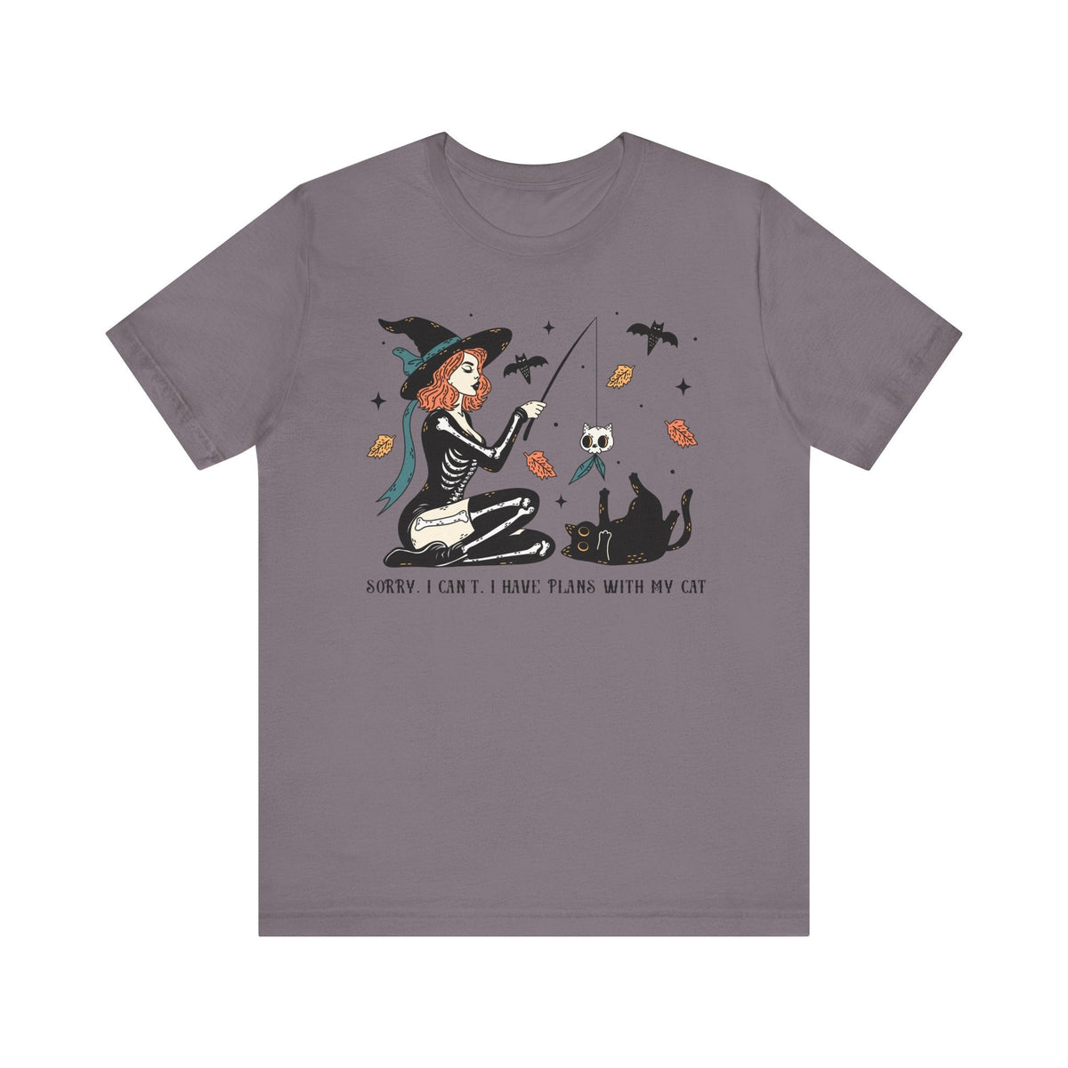 Autumn Witch Cat Halloween Shirt - Skeleton & Ghost Companion Graphic Tee