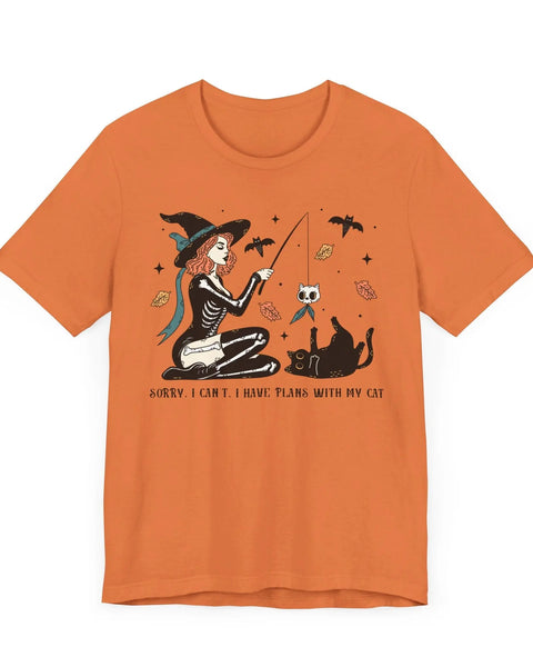 Autumn Witch Cat Halloween Shirt Skeleton And Ghost Graphic Tee