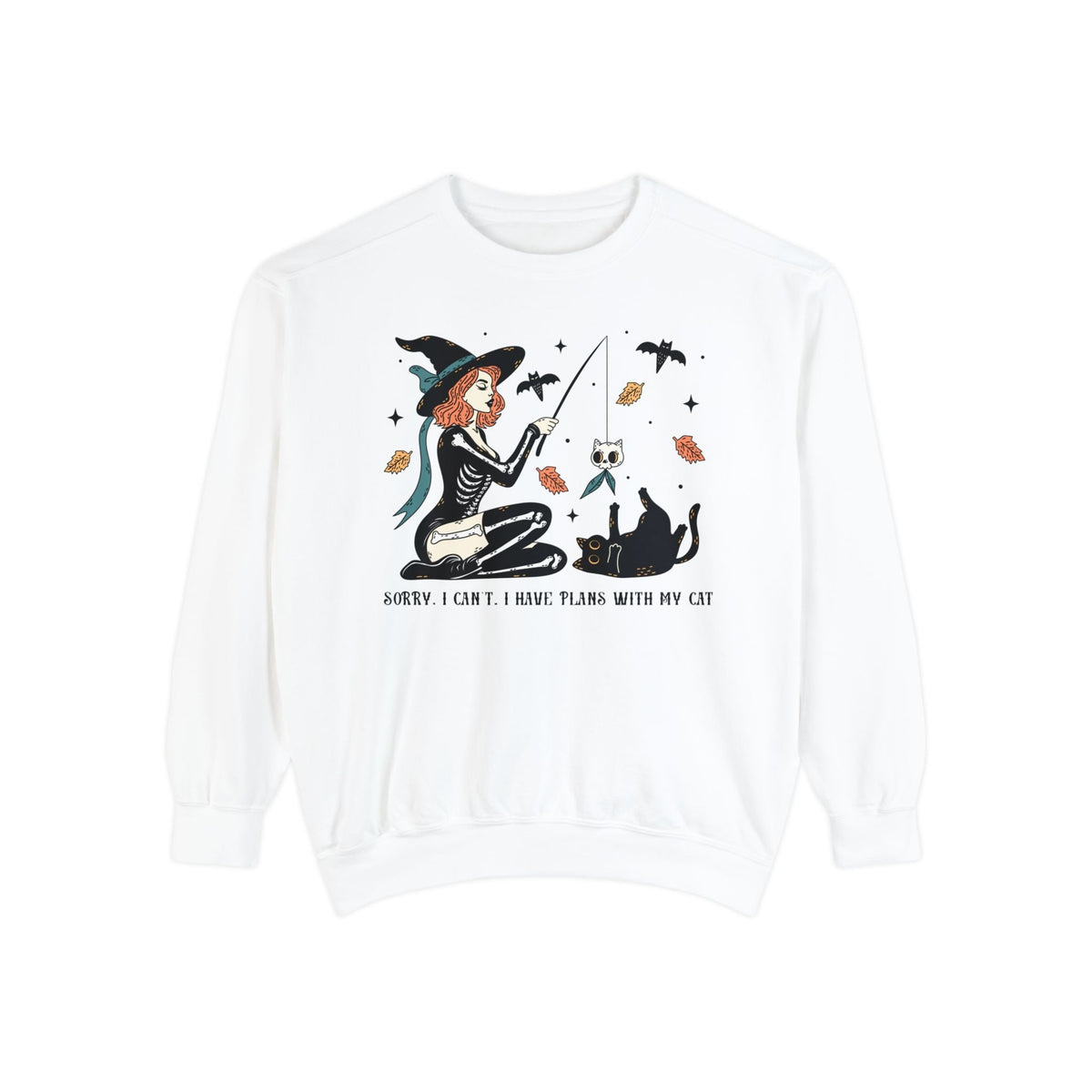 Autumn Witch Cat Halloween Sweatshirt - Skeleton & Ghost Companion Graphic Sweater