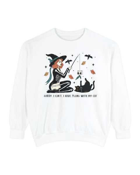 Autumn Witch Cat Halloween Sweatshirt Skeleton And Ghost Graphic