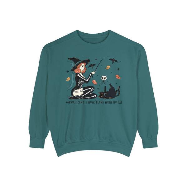 Autumn Witch Cat Halloween Sweatshirt - Skeleton & Ghost Companion Graphic Sweater