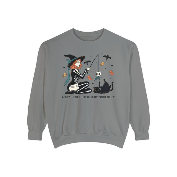 Autumn Witch Cat Halloween Sweatshirt - Skeleton & Ghost Companion Graphic Sweater