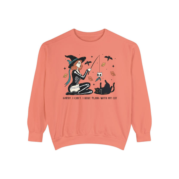 Autumn Witch Cat Halloween Sweatshirt - Skeleton & Ghost Companion Graphic Sweater