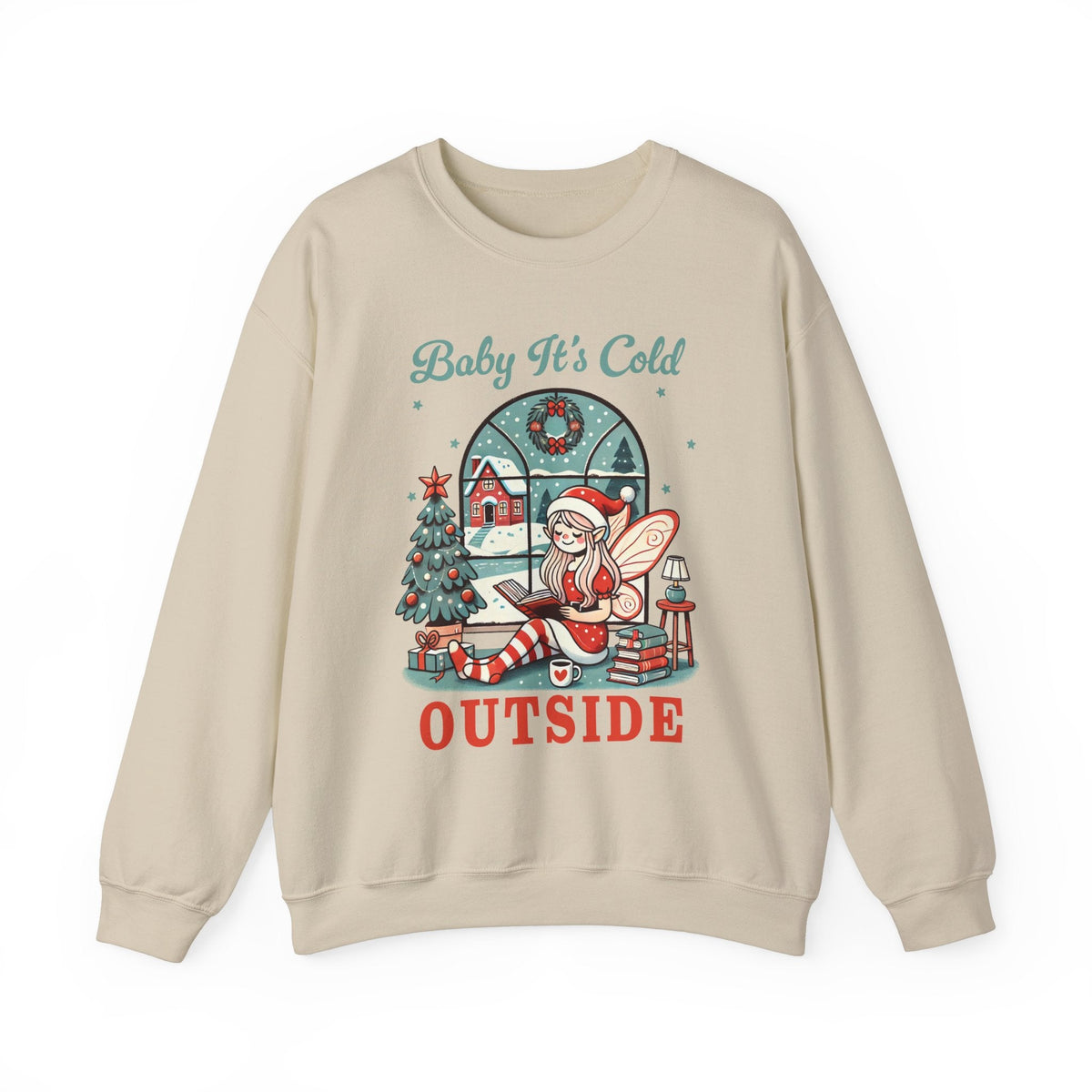 Baby It's Cold Outside Sweatshirt – Cozy Christmas Graphic Tee with Holiday Elf and Winter Scene