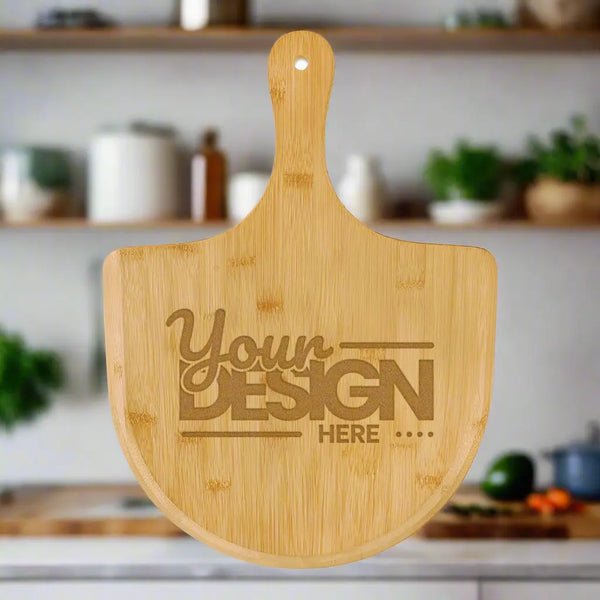 Wooden pizza peel with 'Your Design Here' text on a white background