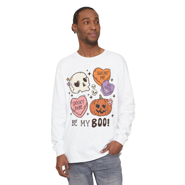 Be My Boo Halloween Long Sleeve T-Shirt - Cute Spooky Hearts and Pumpkin Graphic Tee