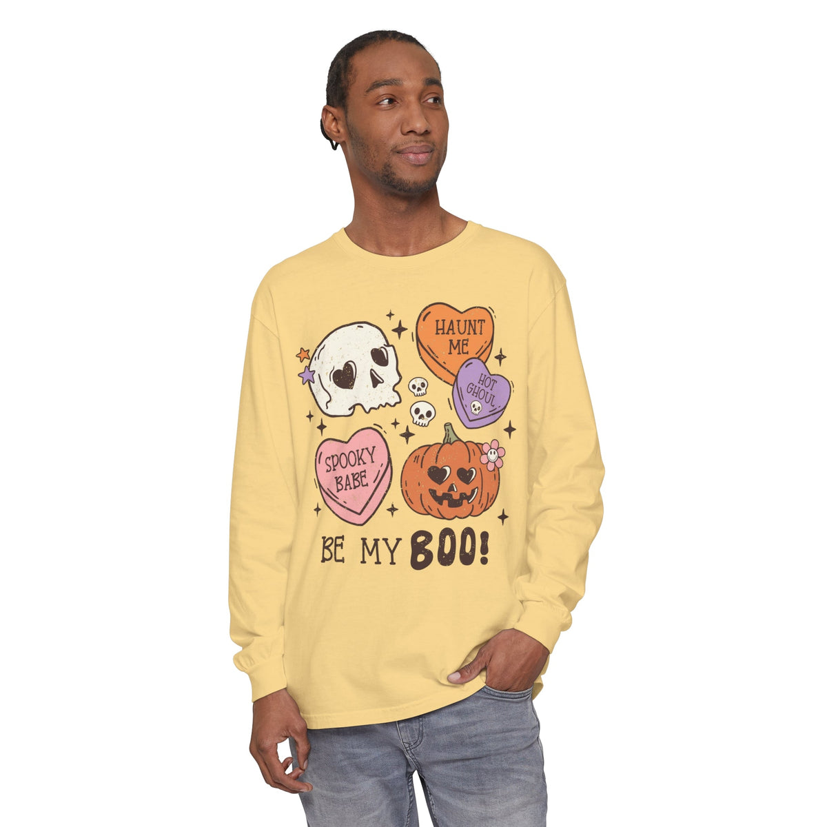 Be My Boo Halloween Long Sleeve T-Shirt - Cute Spooky Hearts and Pumpkin Graphic Tee