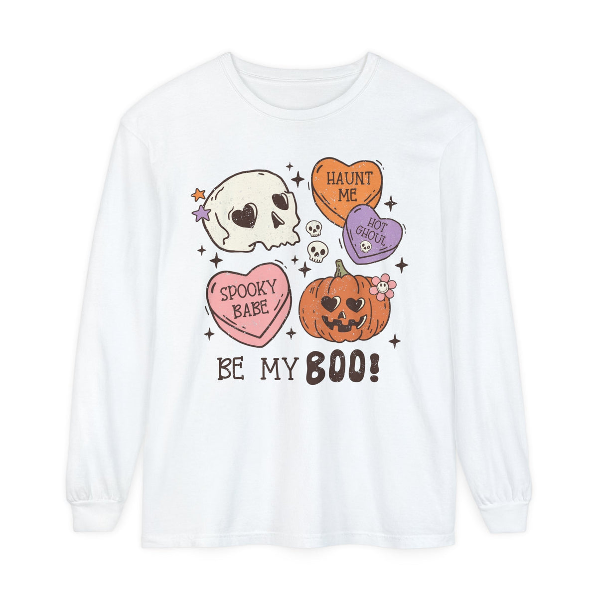 Be My Boo Halloween Long Sleeve T-Shirt - Cute Spooky Hearts and Pumpkin Graphic Tee