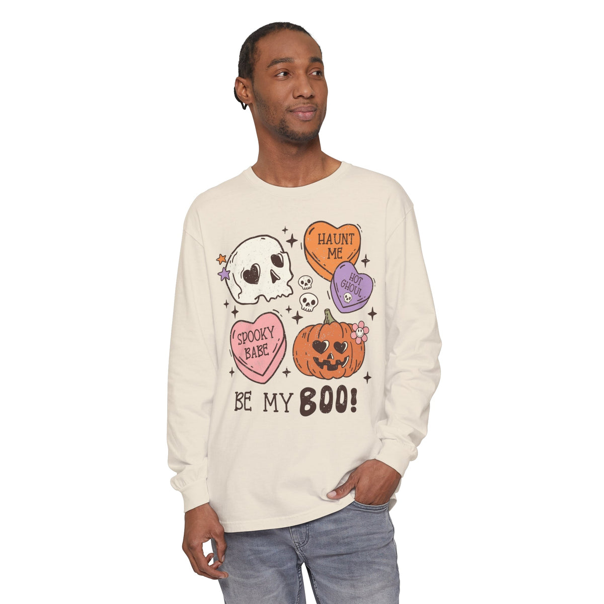 Be My Boo Halloween Long Sleeve T-Shirt - Cute Spooky Hearts and Pumpkin Graphic Tee