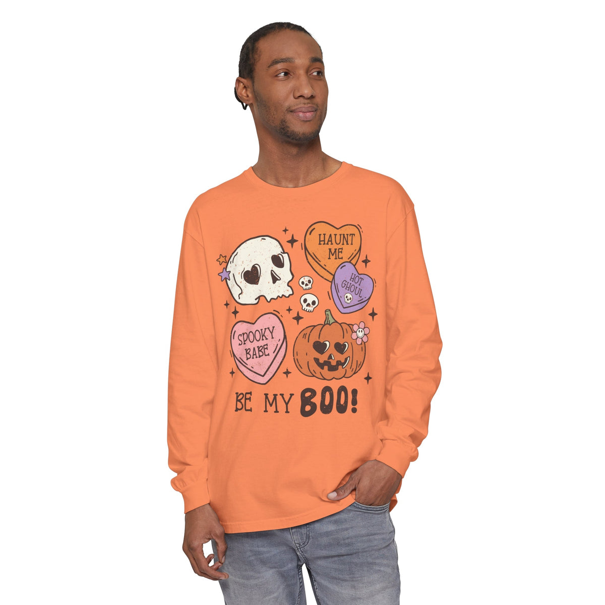 Be My Boo Halloween Long Sleeve T-Shirt - Cute Spooky Hearts and Pumpkin Graphic Tee