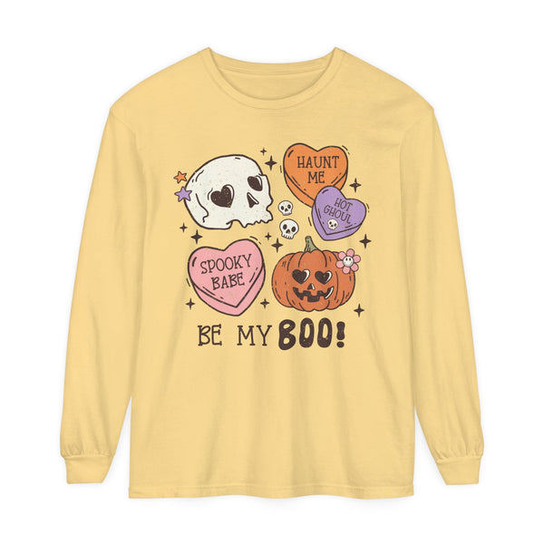 Be My Boo Halloween Long Sleeve T-Shirt - Cute Spooky Hearts and Pumpkin Graphic Tee