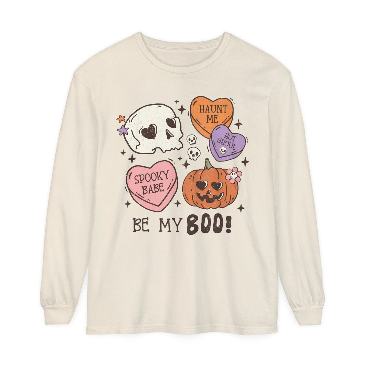 Be My Boo Halloween Long Sleeve T-Shirt - Cute Spooky Hearts and Pumpkin Graphic Tee