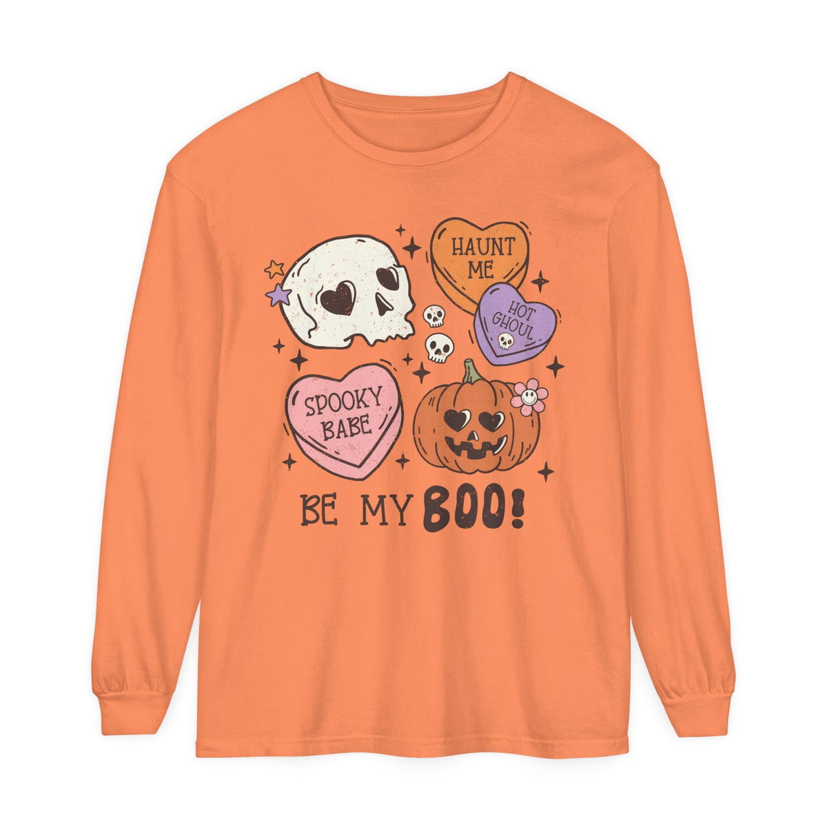 Be My Boo Halloween Long Sleeve T-Shirt - Cute Spooky Hearts and Pumpkin Graphic Tee