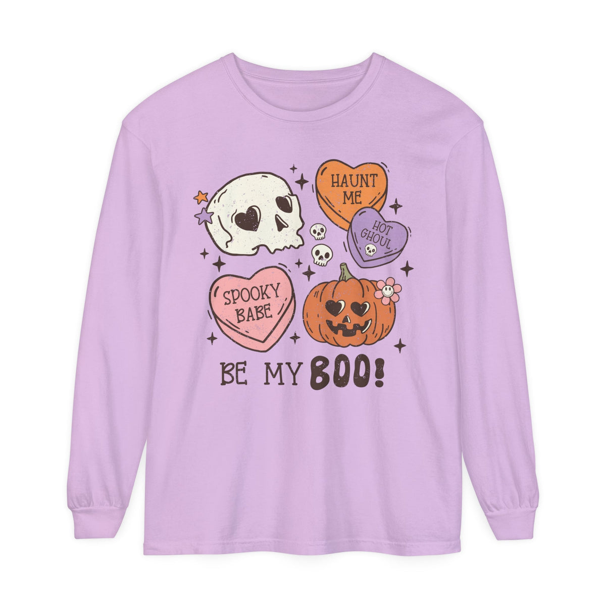 Be My Boo Halloween Long Sleeve T-Shirt - Cute Spooky Hearts and Pumpkin Graphic Tee