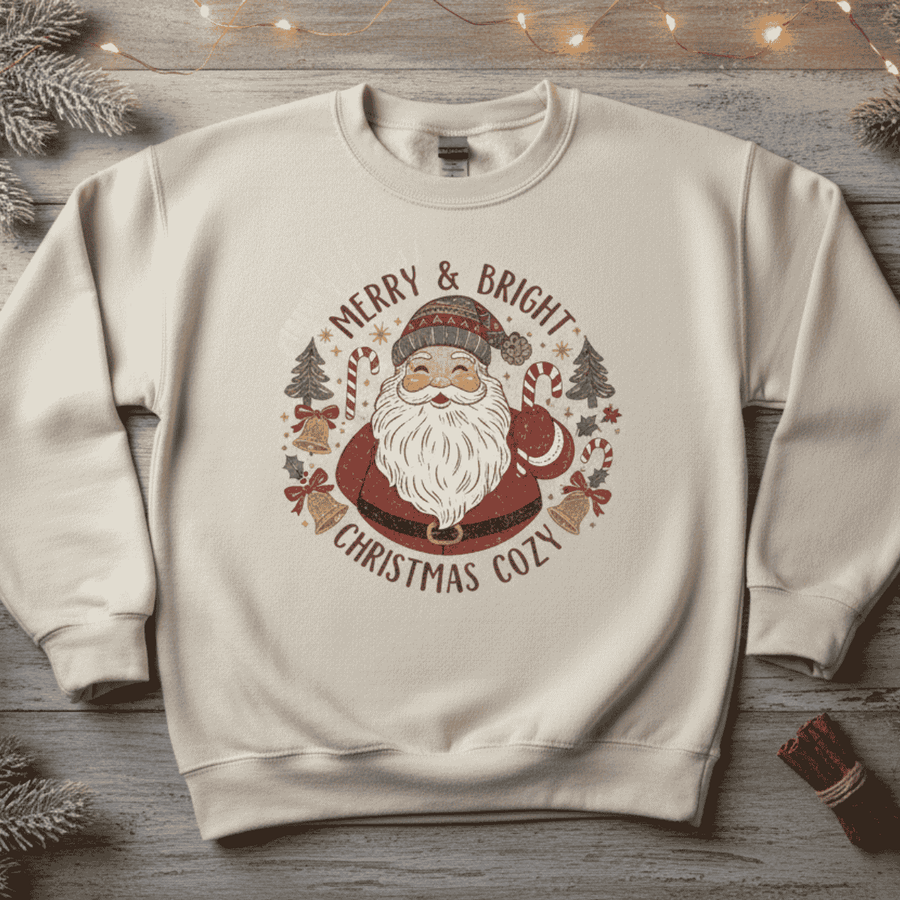 Beige sweatshirt with Santa Claus graphic and 'Merry & Bright Christmas Cozy' text on a wooden surface.