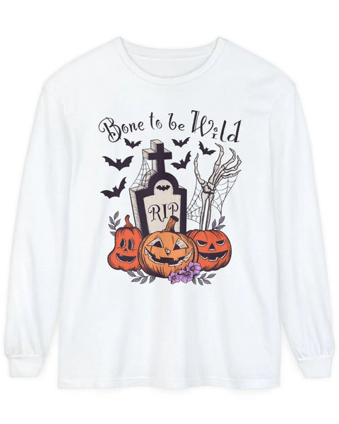 Bone to Be Wild Funny Skeleton Pumpkin Graveyard Halloween Long Sleeve Shirt