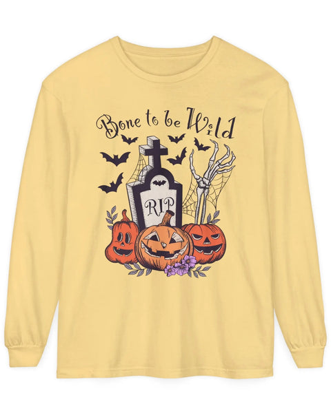 Bone to Be Wild Funny Skeleton Pumpkin Graveyard Halloween Long Sleeve Shirt