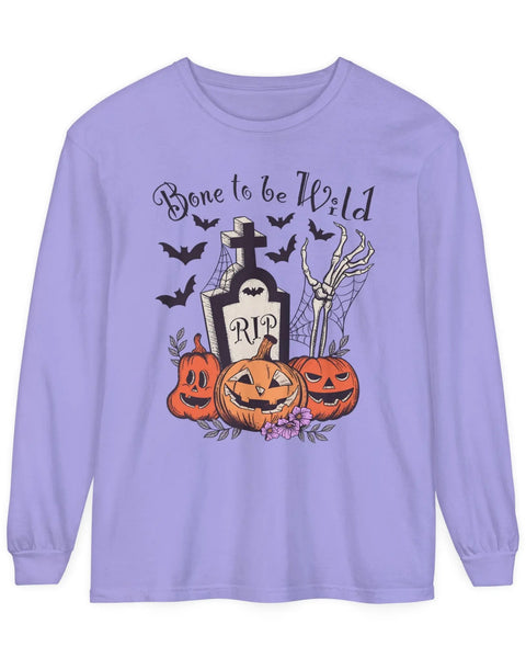 Bone to Be Wild Funny Skeleton Pumpkin Graveyard Halloween Long Sleeve Shirt