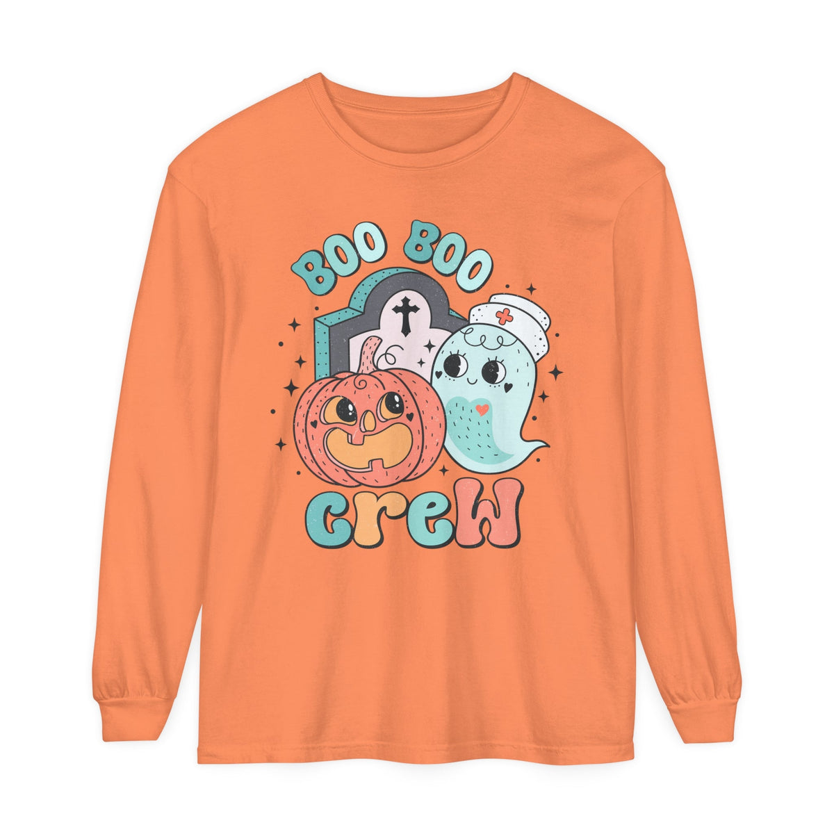 Boo Boo Crew Halloween Nurse Long Sleeve T-Shirt - Cute Pumpkin and Ghost Halloween Tee