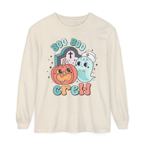 Boo Boo Crew Halloween Nurse Long Sleeve T-Shirt - Cute Pumpkin and Ghost Halloween Tee