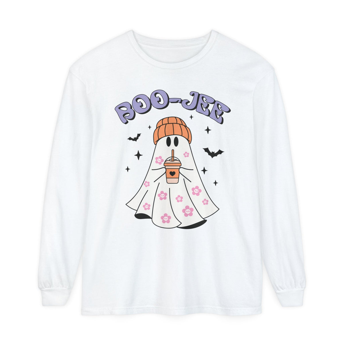 Boo-Jee Ghost Halloween Long Sleeve T-Shirt - Trendy Coffee Lover Ghost Graphic Tee