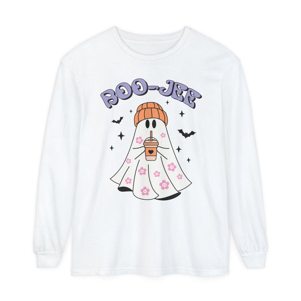 Boo-Jee Ghost Halloween Long Sleeve T-Shirt - Trendy Coffee Lover Ghost Graphic Tee