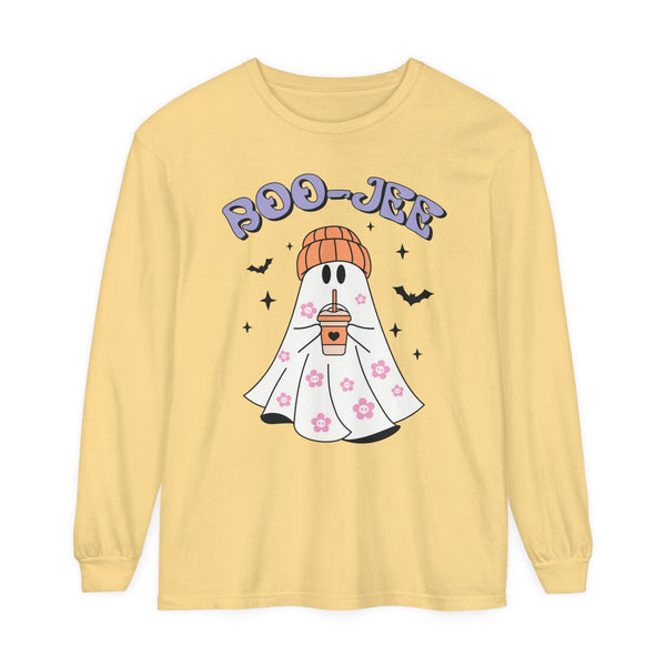 Boo-Jee Ghost Halloween Long Sleeve T-Shirt - Trendy Coffee Lover Ghost Graphic Tee