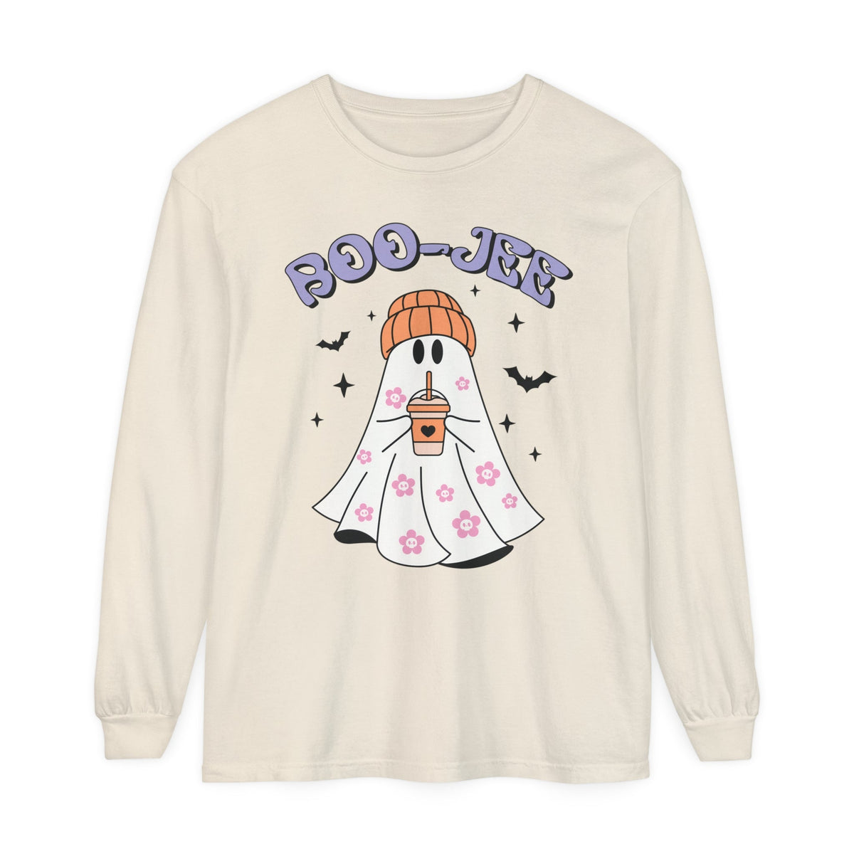 Boo-Jee Ghost Halloween Long Sleeve T-Shirt - Trendy Coffee Lover Ghost Graphic Tee