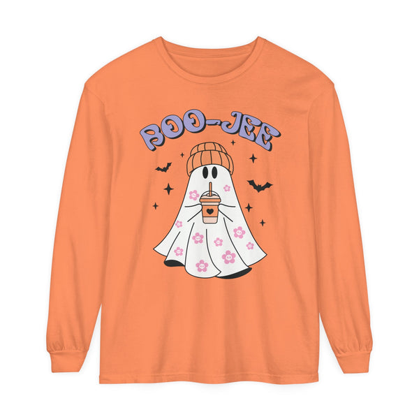 Boo-Jee Ghost Halloween Long Sleeve T-Shirt - Trendy Coffee Lover Ghost Graphic Tee