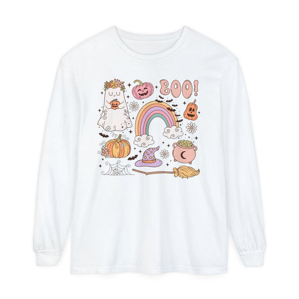 Boo! Spooky Sticker Pack - Retro Ghost and Witch Hat Halloween Long Sleeve T-Shirt