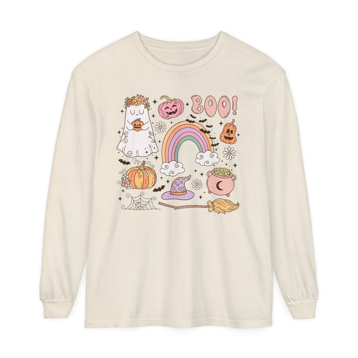 Boo! Spooky Sticker Pack - Retro Ghost and Witch Hat Halloween Long Sleeve T-Shirt