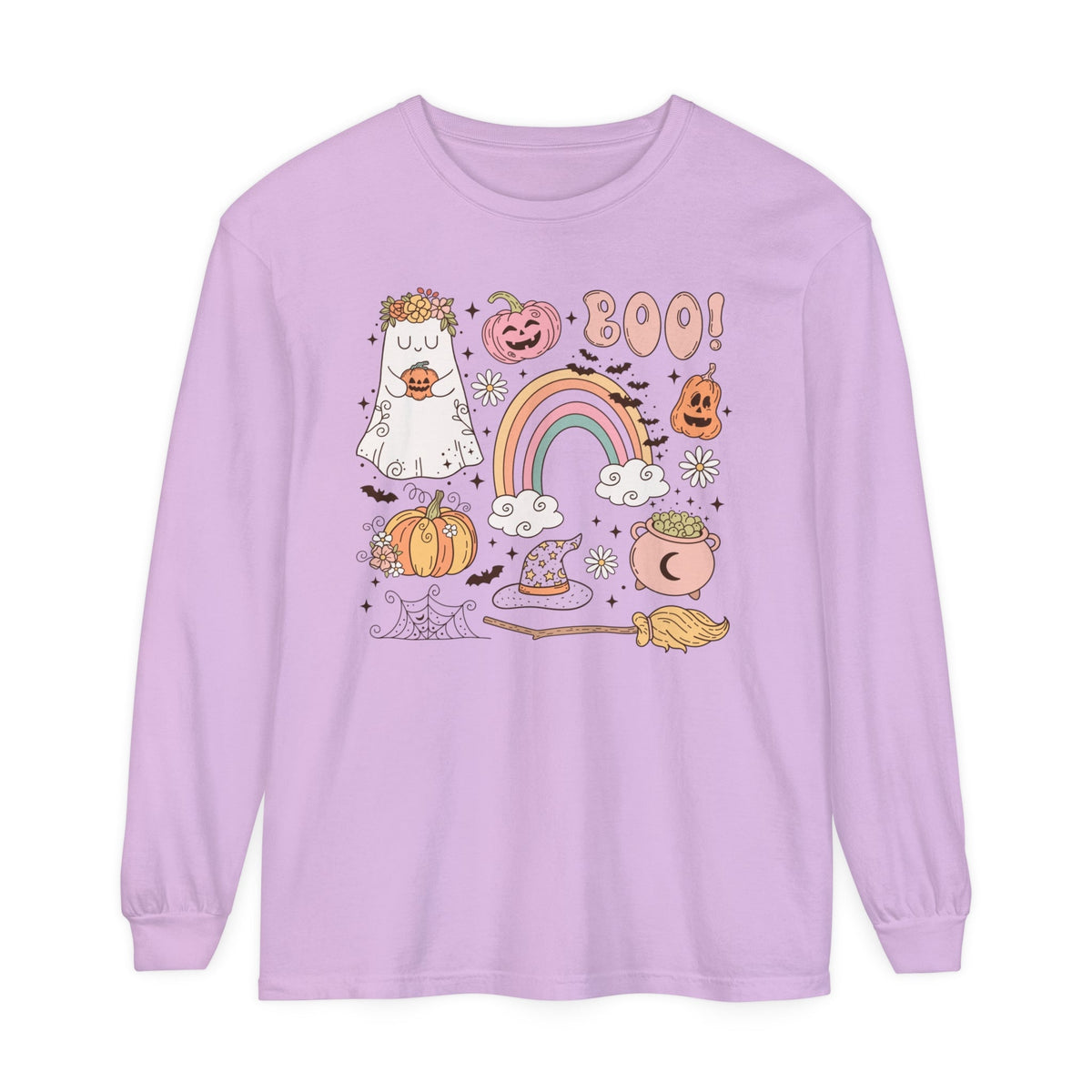 Boo! Spooky Sticker Pack - Retro Ghost and Witch Hat Halloween Long Sleeve T-Shirt