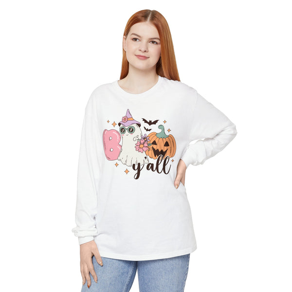 Boo Y'all Ghost Halloween Long Sleeve T-Shirt - Cute Ghost and Pumpkin Southern Halloween Tee