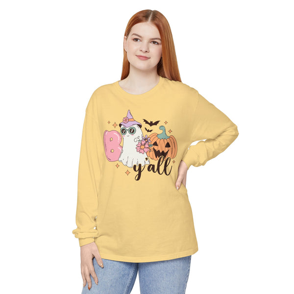 Boo Y'all Ghost Halloween Long Sleeve T-Shirt - Cute Ghost and Pumpkin Southern Halloween Tee