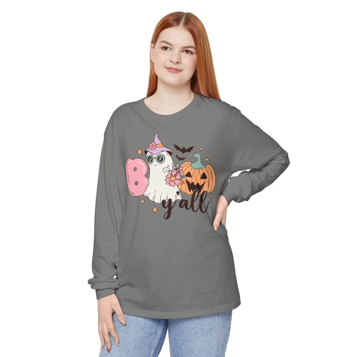 Boo Y'all Ghost Halloween Long Sleeve T-Shirt - Cute Ghost and Pumpkin Southern Halloween Tee