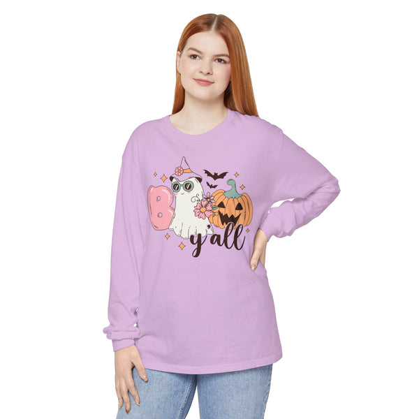 Boo Y'all Ghost Halloween Long Sleeve T-Shirt - Cute Ghost and Pumpkin Southern Halloween Tee