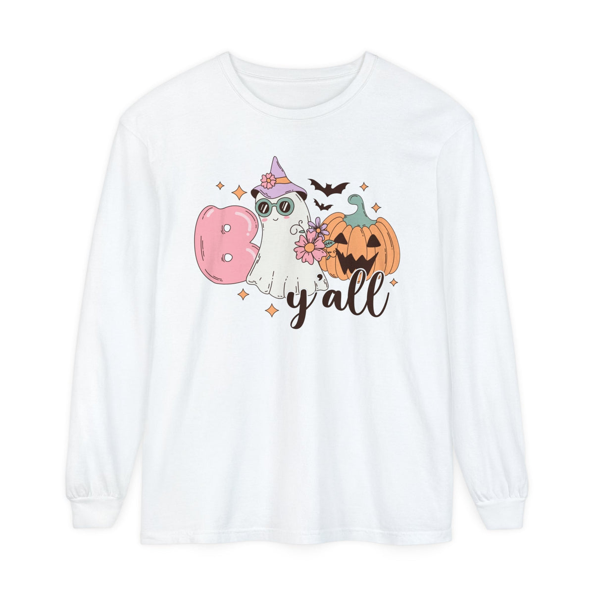 Boo Y'all Ghost Halloween Long Sleeve T-Shirt - Cute Ghost and Pumpkin Southern Halloween Tee