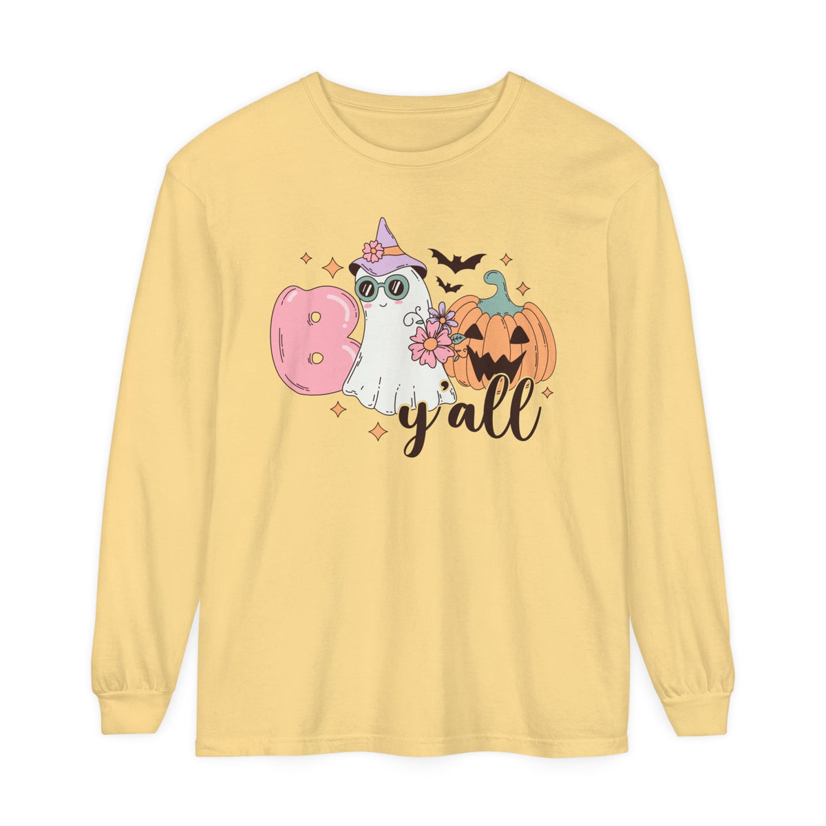 Boo Y'all Ghost Halloween Long Sleeve T-Shirt - Cute Ghost and Pumpkin Southern Halloween Tee