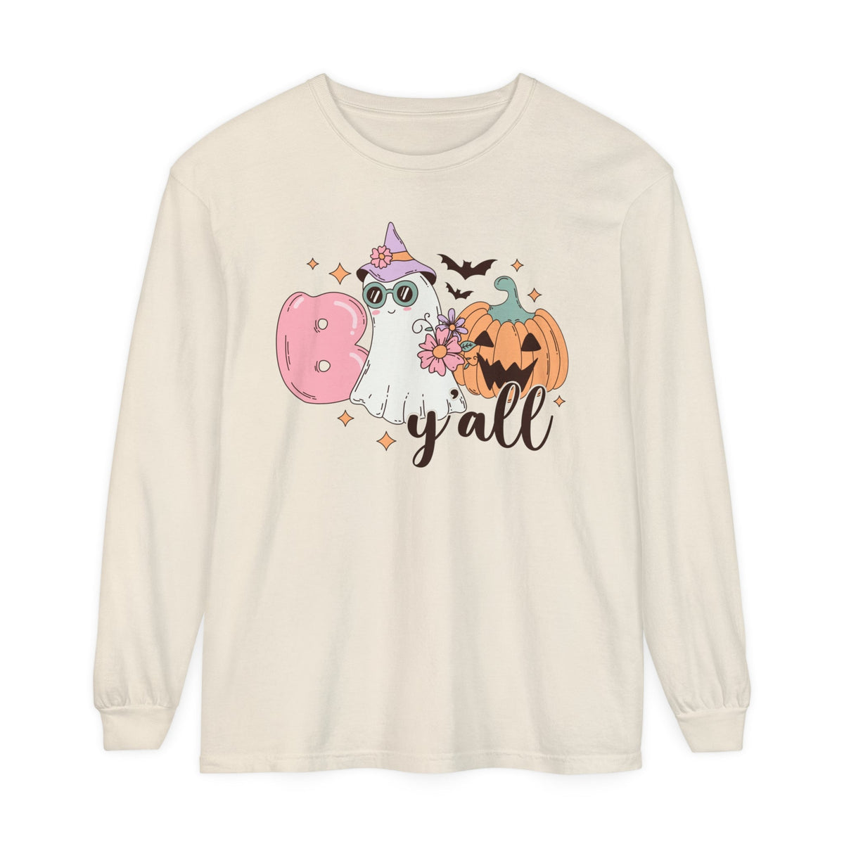 Boo Y'all Ghost Halloween Long Sleeve T-Shirt - Cute Ghost and Pumpkin Southern Halloween Tee