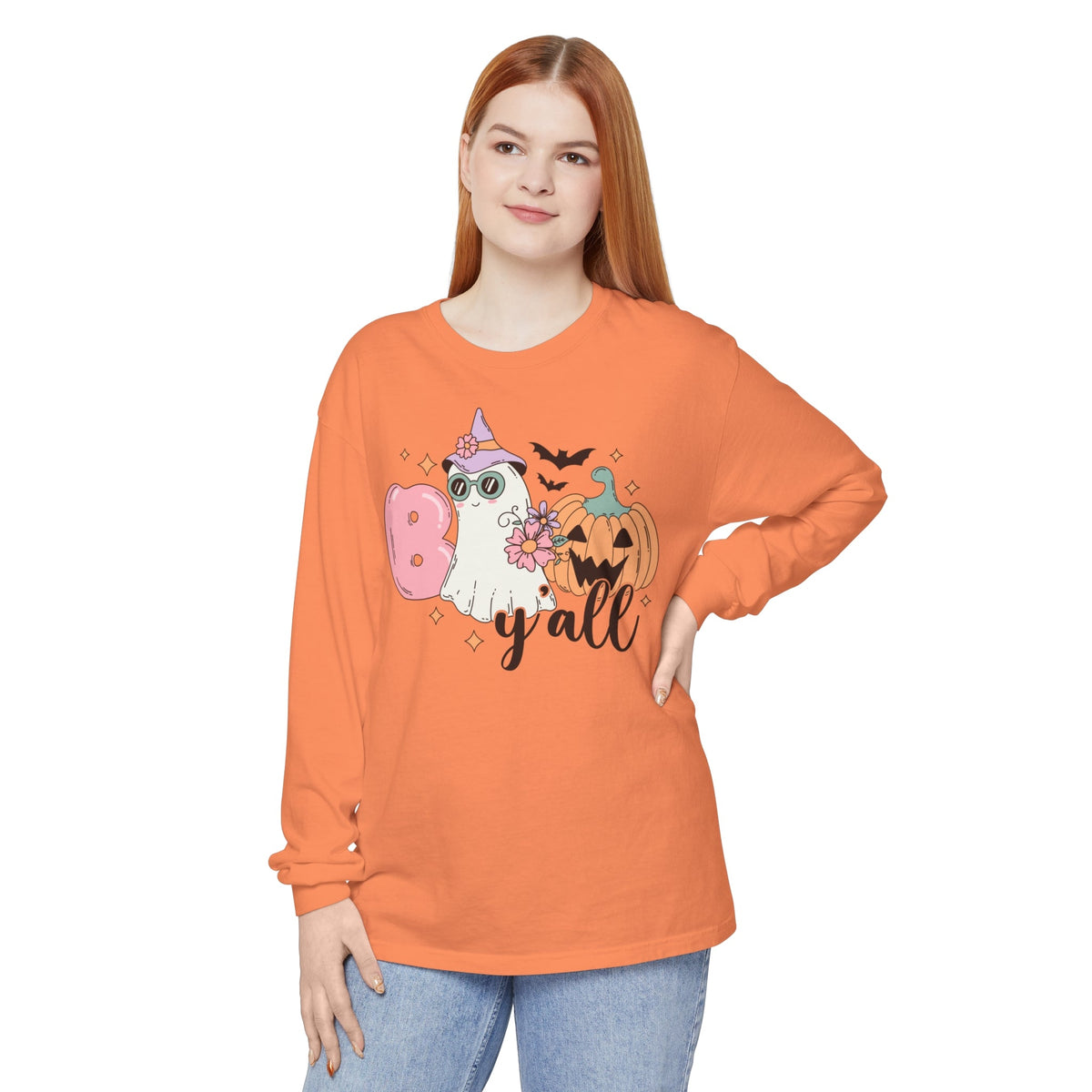 Boo Y'all Ghost Halloween Long Sleeve T-Shirt - Cute Ghost and Pumpkin Southern Halloween Tee