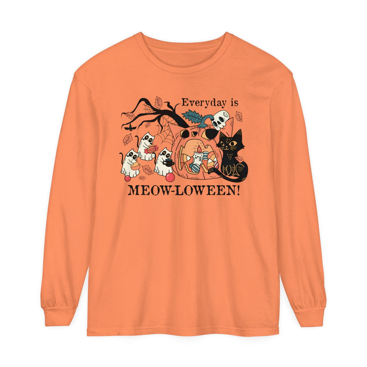 Candy Party Halloween Long Sleeve T-Shirt - Ghosts & Pumpkins with Treats Graphic Tee