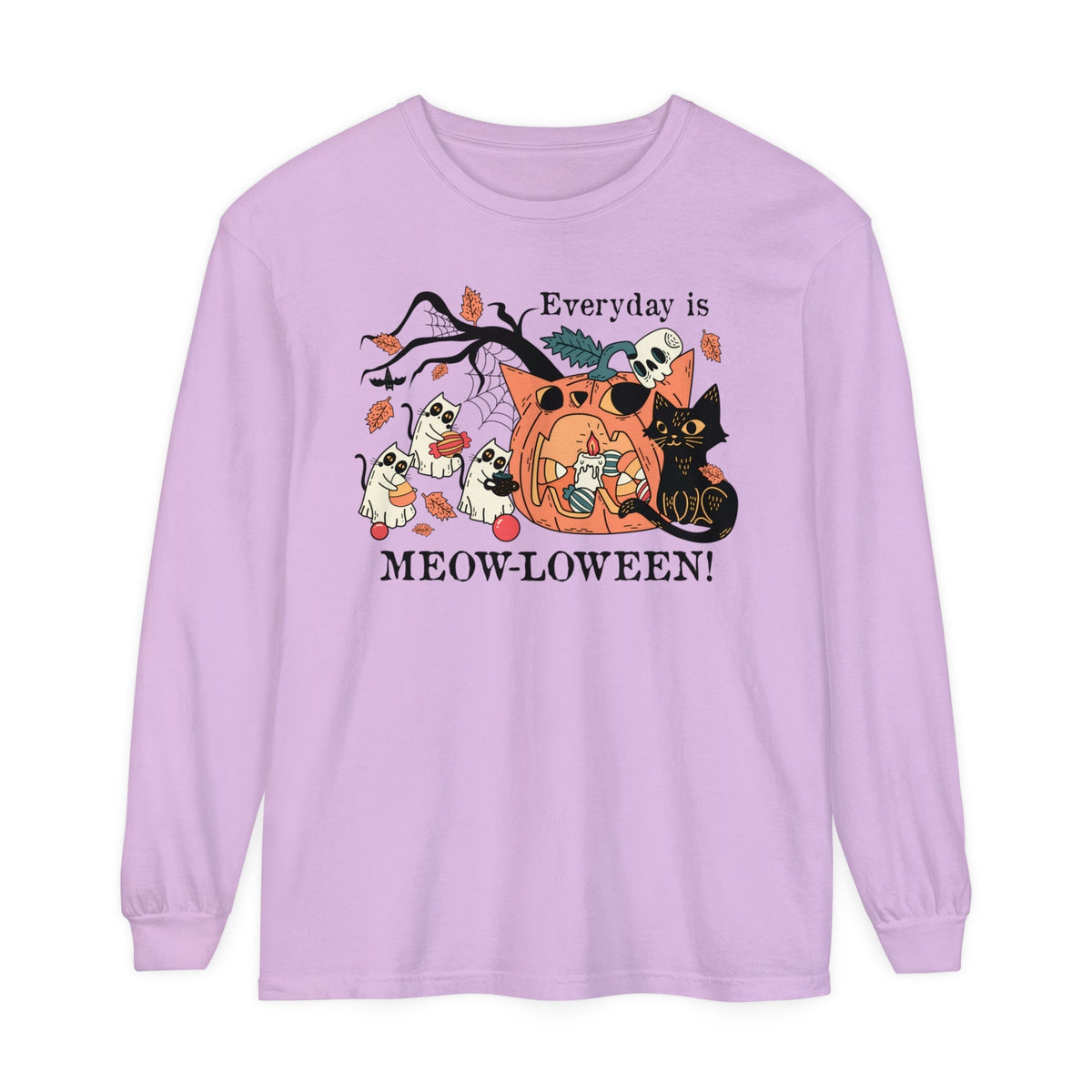 Candy Party Halloween Long Sleeve T-Shirt - Ghosts & Pumpkins with Treats Graphic Tee