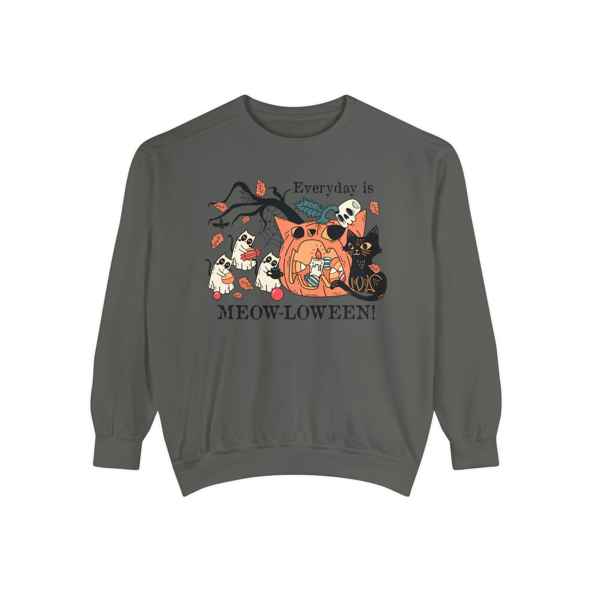 Candy Party Halloween Sweatshirt - Ghosts & Pumpkins with Treats Graphic Sweater