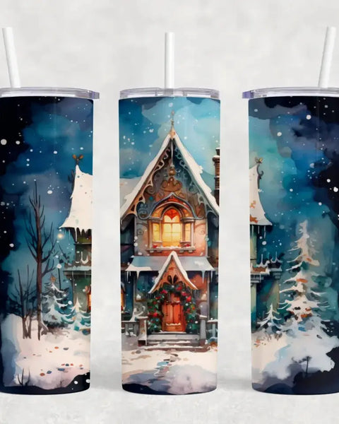 Christmas Cottage Tumbler 20oz Insulated Cup Winter Wonderland Design Gift