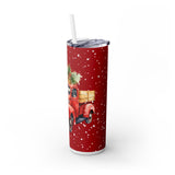 Christmas Travel Tumbler - Red Pickup Truck with Snow and Holiday Trees, Seasonal Gift