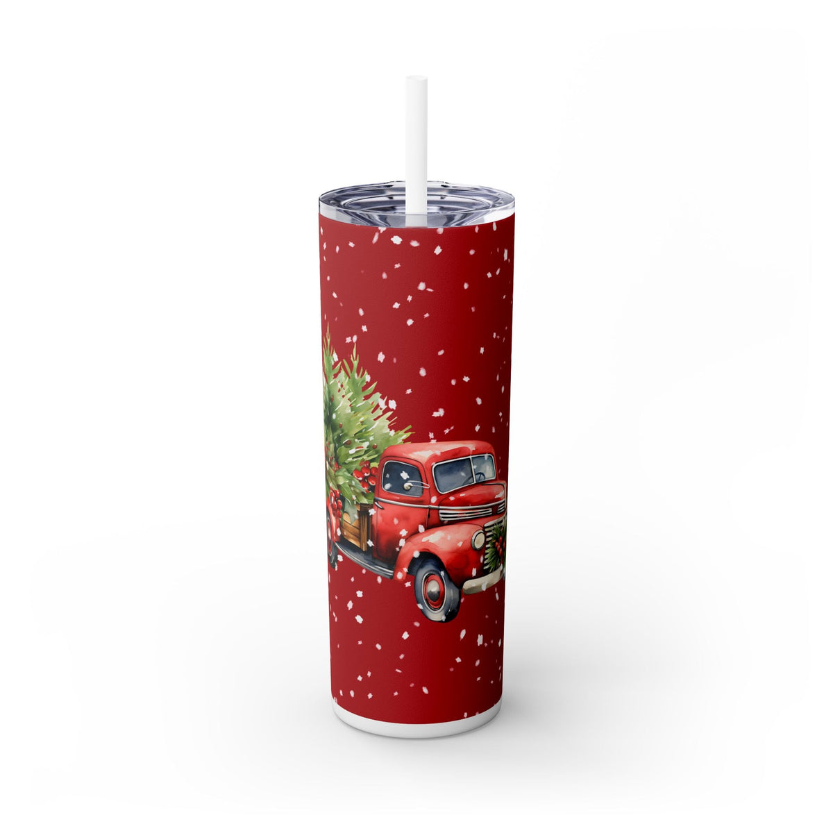 Christmas Tree Tumbler - Red Truck with Snow, Perfect for Winter Holidays and Gift Giving