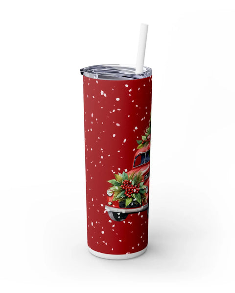 Christmas 20oz Skinny Tumbler Vintage Red Pickup Truck With Christmas Snowflakes