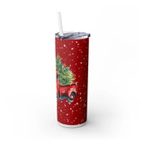 Christmas Tumblers - Vintage Red Pickup Truck with Christmas Tree and Snowflakes for Holiday Cheer